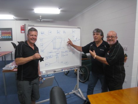 Gerry Pyne shows Michael (left) and G man (right) the road map of Black Star