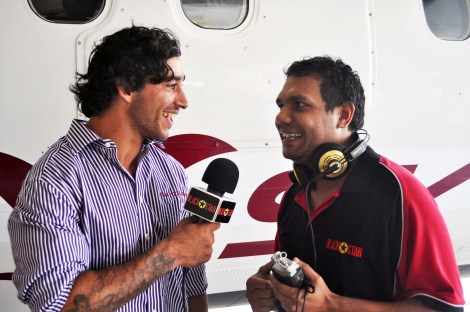 Cowboys star Jonathan Thurston and Black Star's Gilmore Johnston at today's re-launch of Sky Trans.